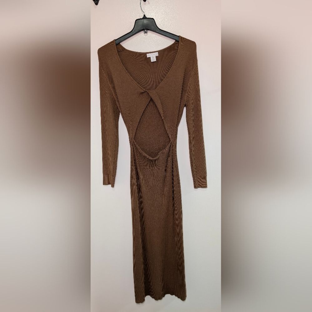 House of Harlow 1960 Mocha Ribbed Twist Midi Dress L Quiet Luxury Urban Boho - Picture 2 of 6